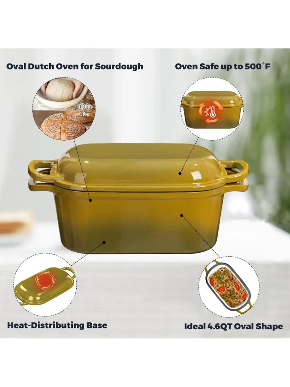 4.6 Qt Olive Oval Enameled Cast Iron Dutch Oven Lid for Sourdough Bread Baking